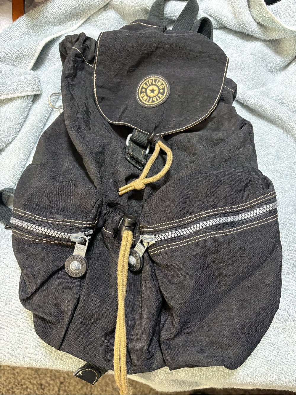 Kipling Black Nylon Drawstring Backpack with Tan Accents